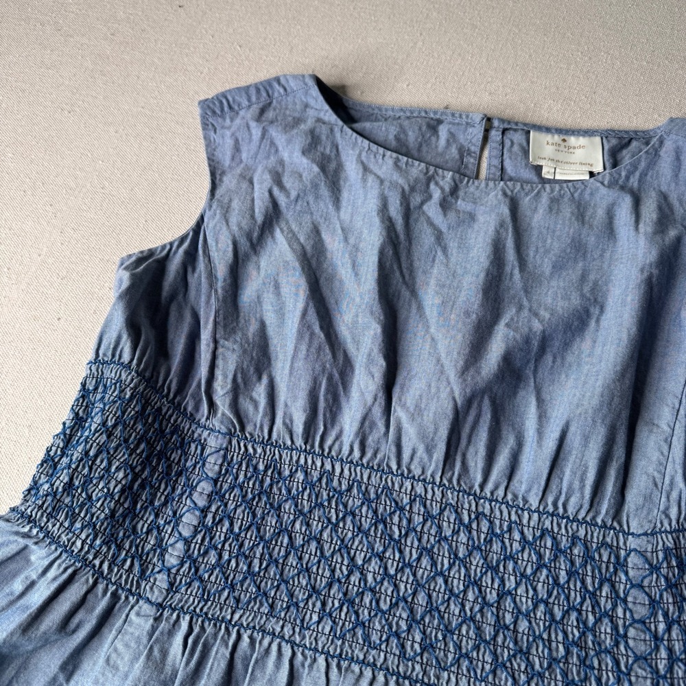 Kate Spade New York Blaire Chambray Smocked Embroidered Dress Size 4 Pockets